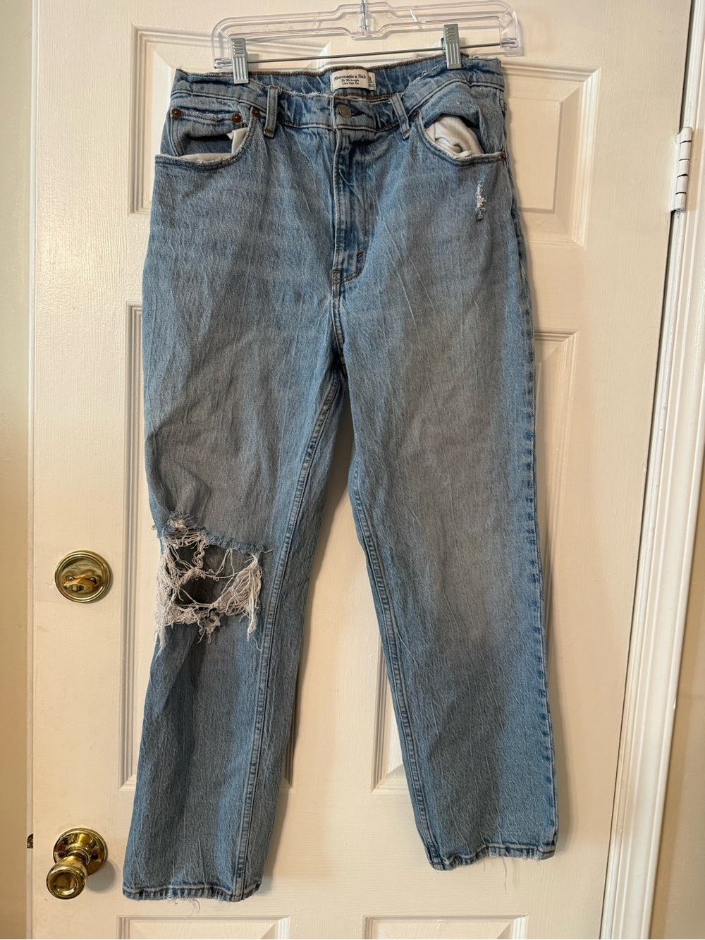 Abercrombie & Fitch Light Blue Straight Leg Jeans with Distressed Knee